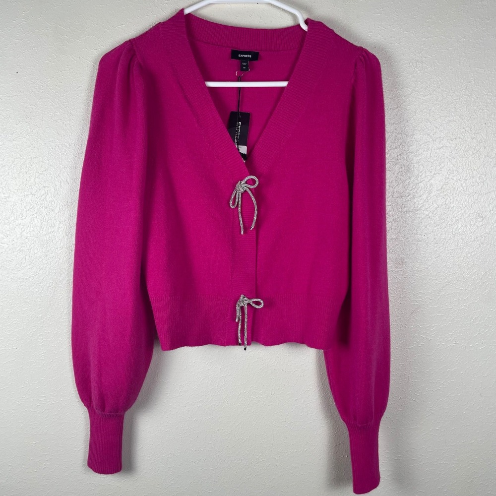 Express Hot Pink Cropped Cardigan‎ Rhinestone Bow Puff Sleeve Sweater XS NWT